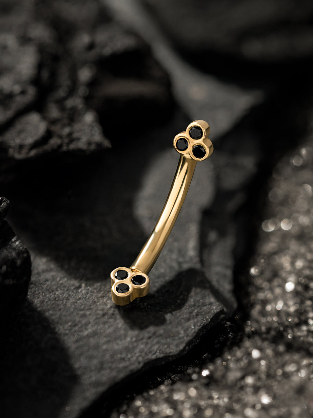 BVLA yellow gold tri bezel cluster curved barbell with black diamonds 