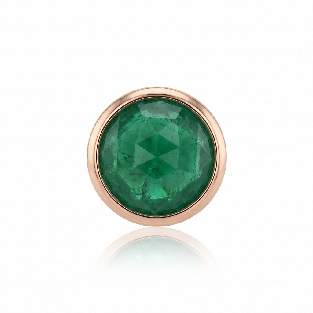 Green gemstone earring with rose gold setting on a white background