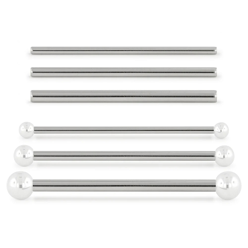 Set of stainless steel barbell with spherical ends on a white background