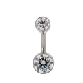 Belly button ring with two large clear gemstones on a white background