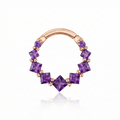 Rose gold nose ring with purple gemstones on a white background