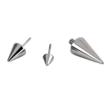 Pair of silver cone-shaped earrings on a white background