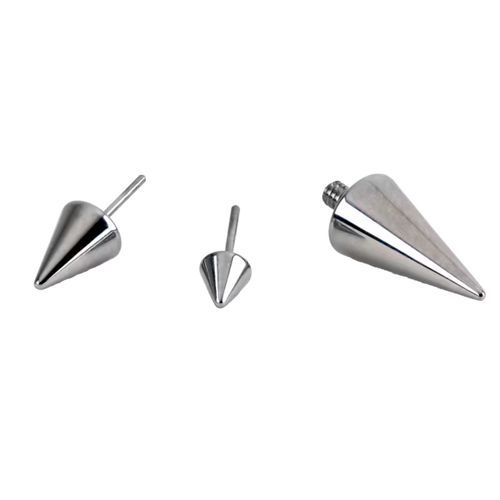 Pair of silver cone-shaped earrings on a white background