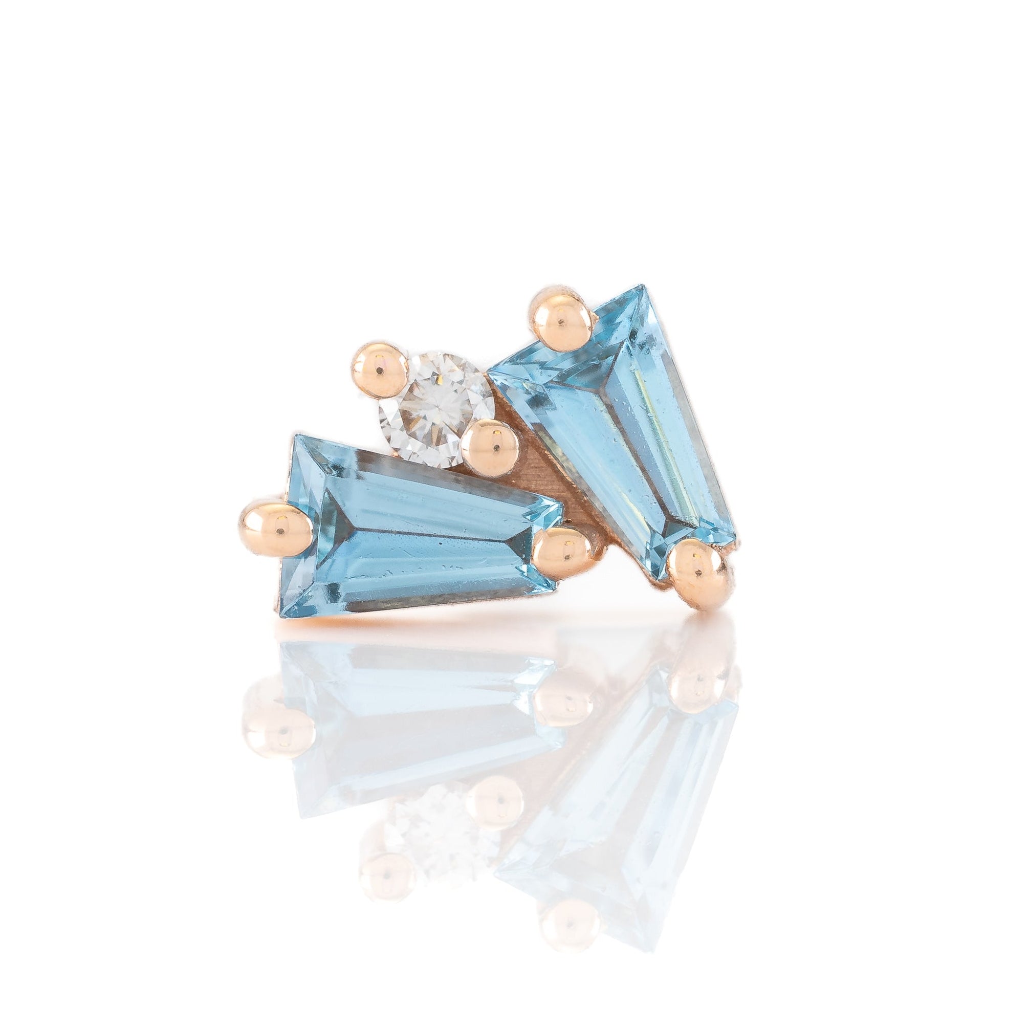 Pair of earrings with blue gemstones and rose gold accents on a white background
