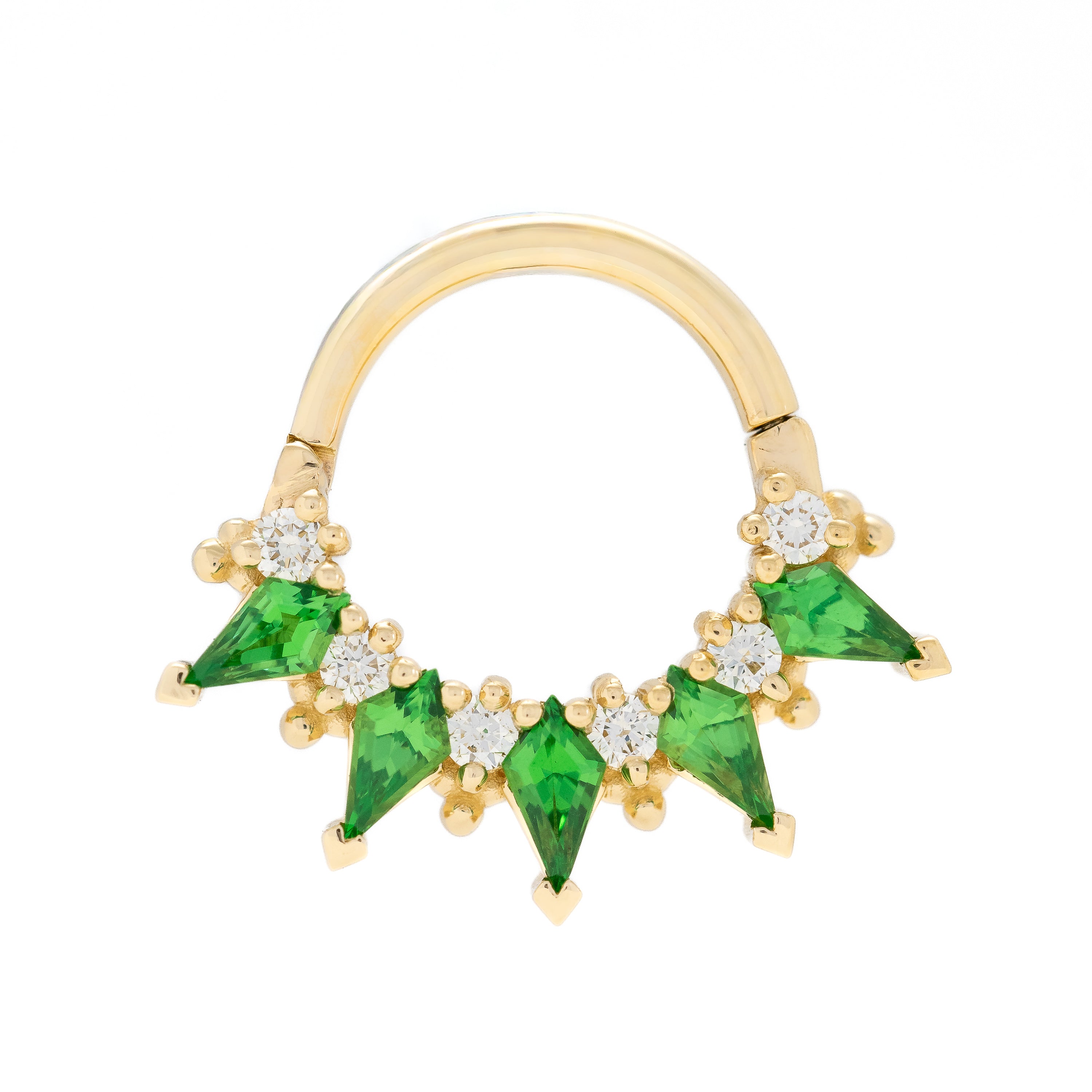 Gold nose ring with green gemstones and clear stones on a white background