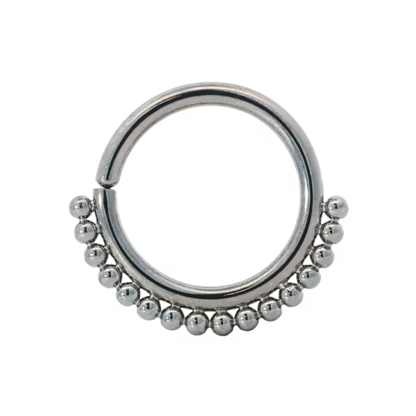 Elegant silver beaded circular barbell horseshoe ring, ideal for septum or ear piercings, featuring 