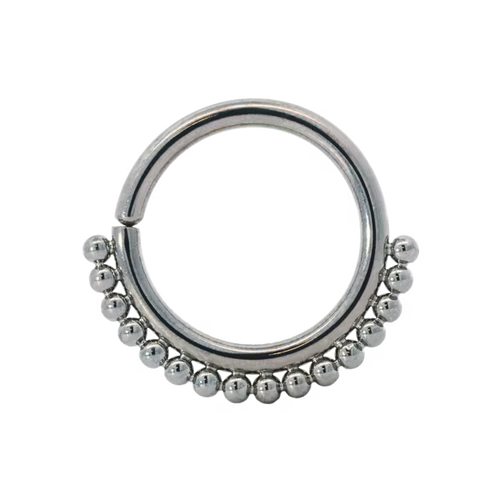 Elegant silver beaded circular barbell horseshoe ring, ideal for septum or ear piercings, featuring 