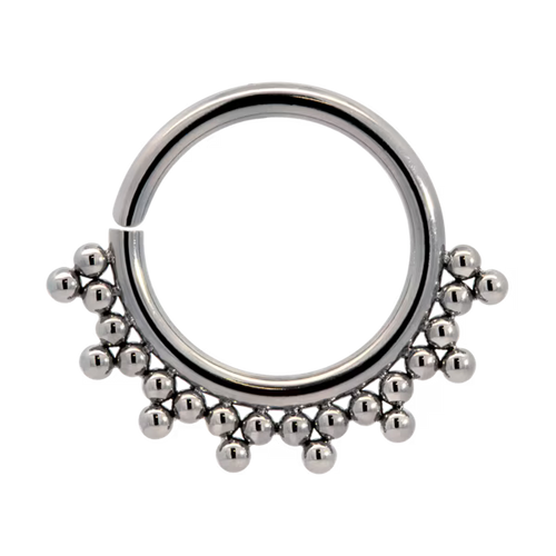 Elegant silver beaded clicker hoop ring, perfect for septum or ear piercings, featuring decorative han