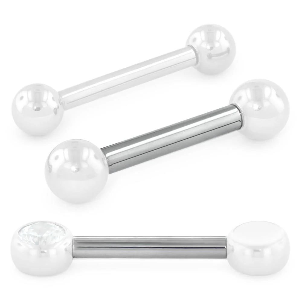 Three silver barbell earrings with clear spherical ends on a white background