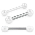 Three silver barbell earrings with clear spherical ends on a white background